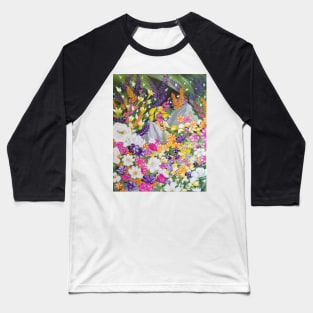 Flower and Garden, Floral Artwork, Bright Flowers Painting, Pink, Purple, White, and Orange Wild Flowers with dark background Baseball T-Shirt